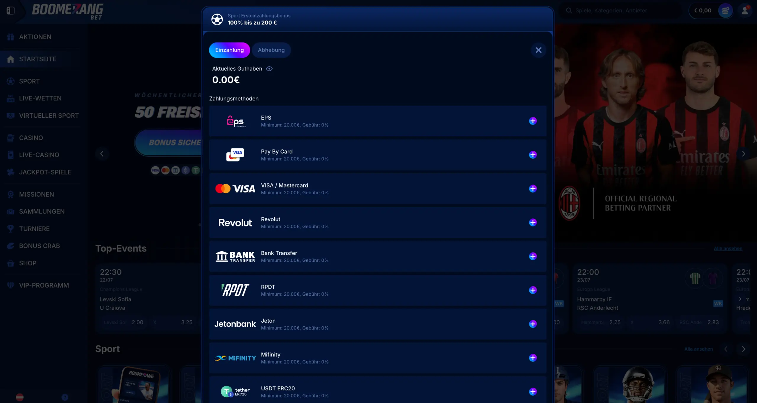 BOOMERANG BET Sportwetten Zahlungmethoden